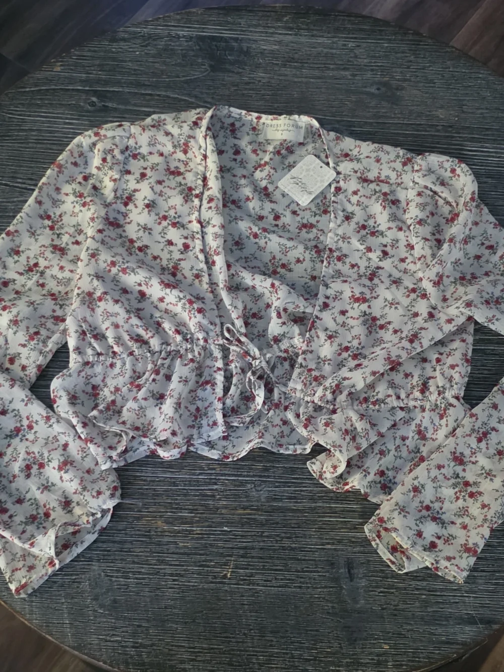 Floral Ruffle Tie-Front Women’s Top - White with Red Floral FP/DRESS FORUM